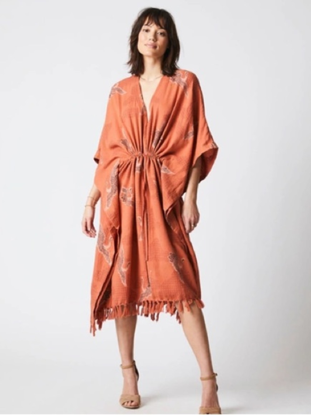 Billy Reid Womens Kaftan Dress Size XS/S Burnt Orange Silk Cotton Fringe Boho
